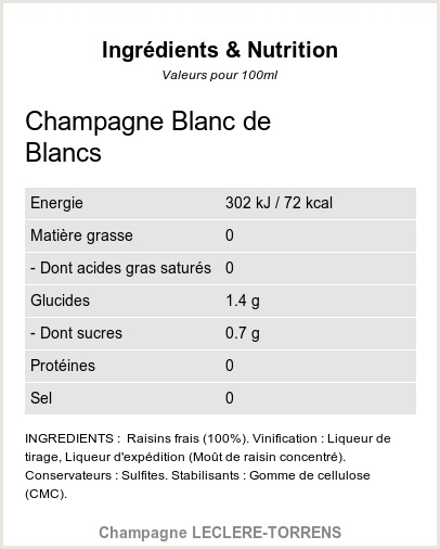 Champagne Blanc de Blancs - Ingrédients et Nutrition 